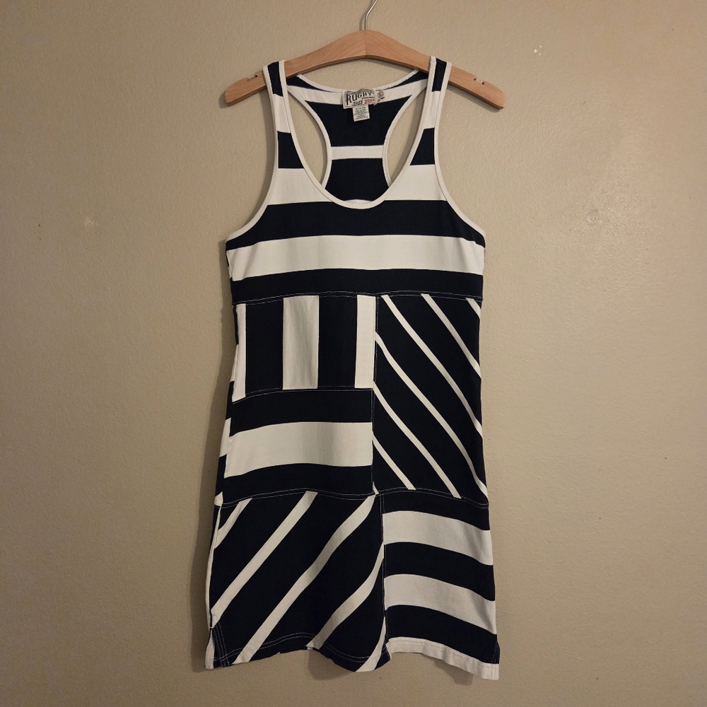 Ralph Lauren Rugby‎ Rare Vintage Spliced Striped Racerback Deep Navy Ivory Dress